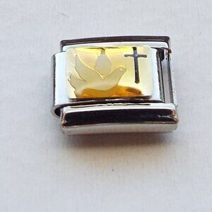 Dove and cross on gold enamel 9mm stainless steel Italian charm bracelet link